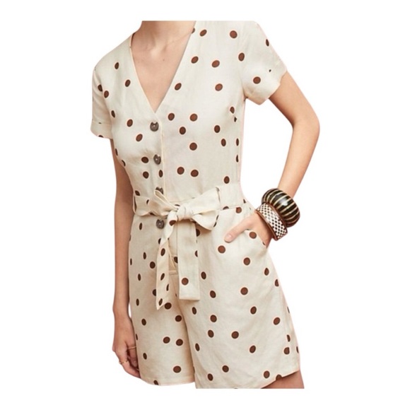 Moon River Pants - Moon River Cream and Brown Polka Dot Jumpsuit